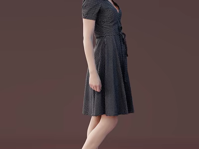 Woman In Black Polka Dot Short Sleeves V Neck Waist Tie Dress With Brown Background 3d model