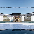Modern Building Entrance With Wooden Canopy Stone Floor Water Pool And Glass Facade