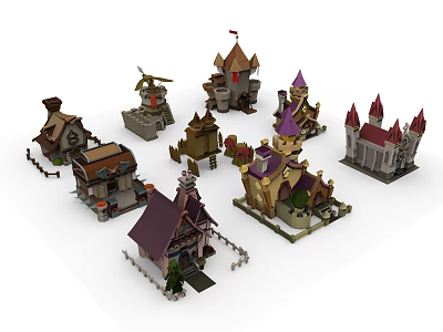 Cartoon Castle And House Collection With Colorful Roofs Decorative Flags And Trees 3d model