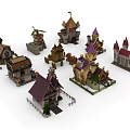 Cartoon Castle And House Collection With Colorful Roofs Decorative Flags And Trees