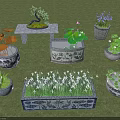 Courtyard Garden Featuring Stone Table Bonsai Tree Water Basin White Flowers and Decorative Planters
