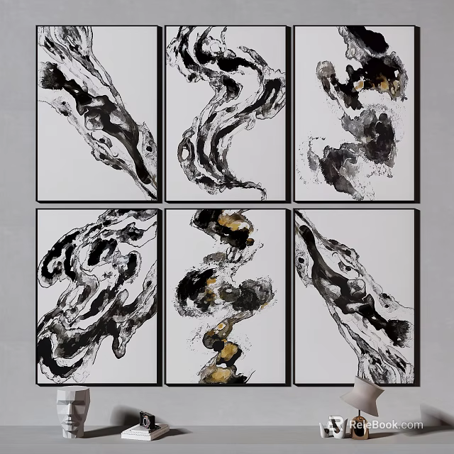 Six Black And White Ink Paintings With Gold Accents Arranged In Two Rows Three Columns 3d model 