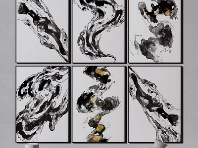 Six Black And White Ink Paintings With Gold Accents Arranged In Two Rows Three Columns 3d model