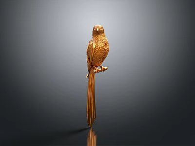 Golden Parrot Sculpture Standing on Branch with Gray Background and Reflection 3d model