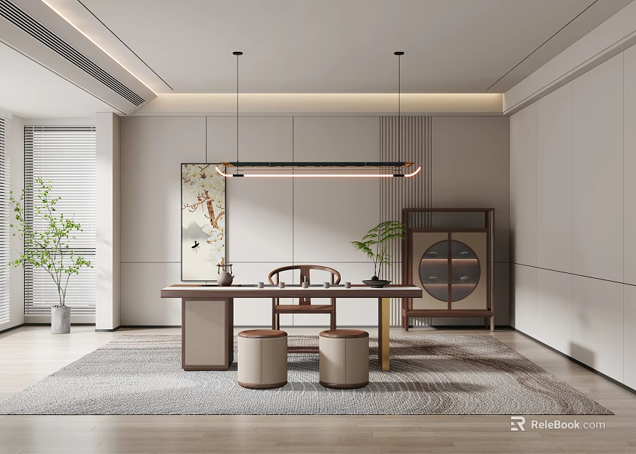 Modern Tea Room Interior Design With Wooden Tea Table Stools Green Plants And Decorative Painting 3d model 