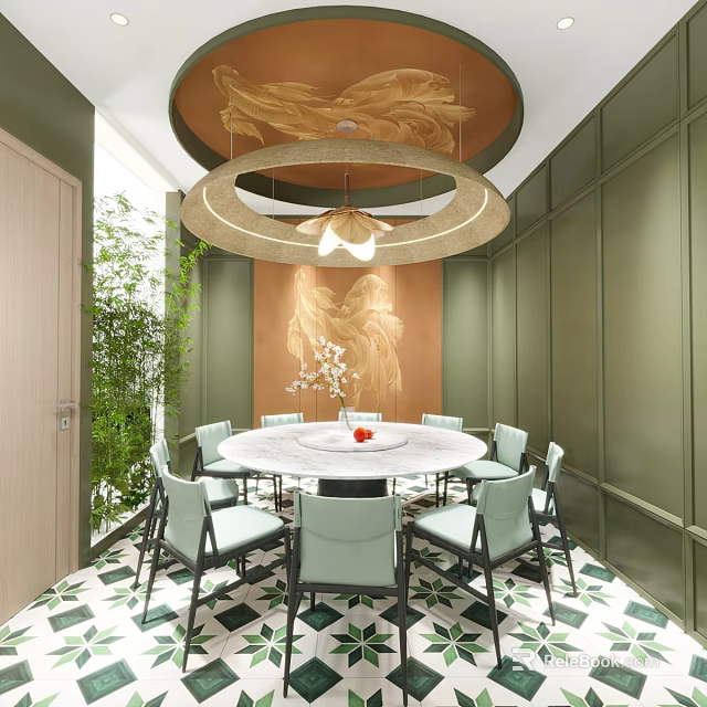 Elegant Private Dining Room With Round Marble Table Light Green Chairs And Golden Wall Decor 3d model 