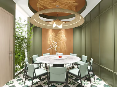 Elegant Private Dining Room With Round Marble Table Light Green Chairs And Golden Wall Decor 3d model