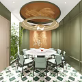 Elegant Private Dining Room With Round Marble Table Light Green Chairs And Golden Wall Decor