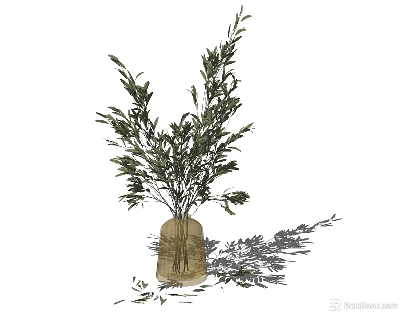 Transparent Glass Vase With Fresh Green Branches And Leaves Decor 3d model 