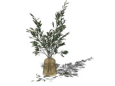 Transparent Glass Vase With Fresh Green Branches And Leaves Decor 3d model