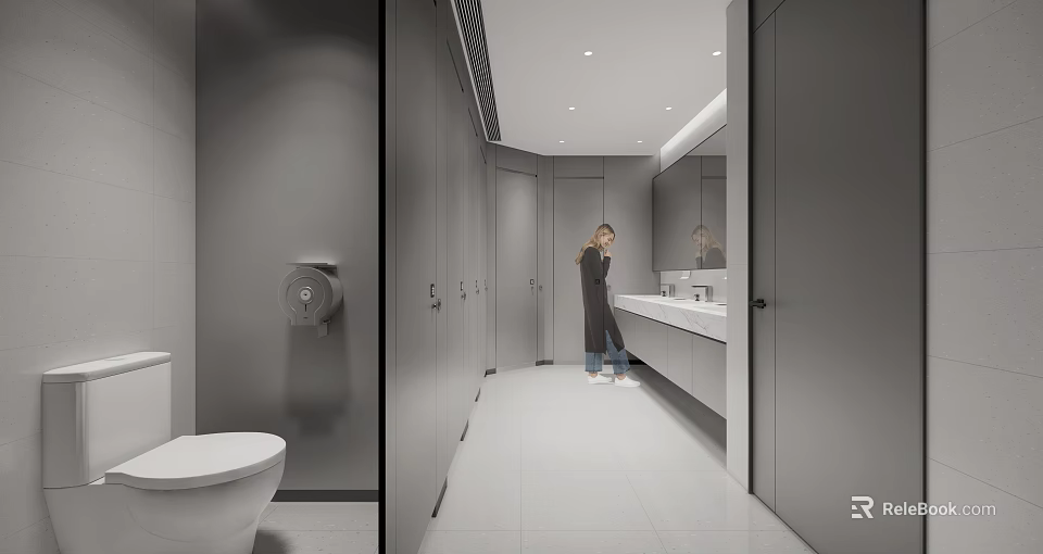 Public Restroom Interior With Modern Design Clean Stalls And Washbasin Area 3d model 