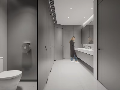 Public Restroom Interior With Modern Design Clean Stalls And Washbasin Area 3d model