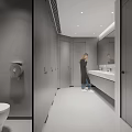 Public Restroom Interior With Modern Design Clean Stalls And Washbasin Area