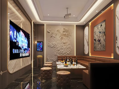Luxurious KTV Room Interior With Large Screen Sofa Drinks And Decorative Walls 3d model