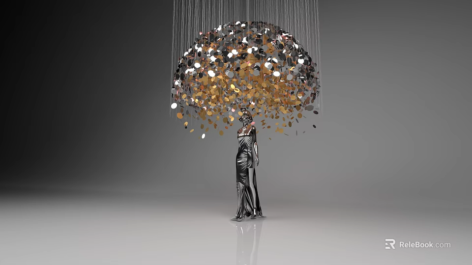 Art Installation Featuring Umbrella Shaped Structure With Hanging Colorful Circular Pieces And Human Figure 3d model 