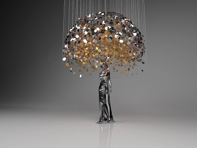 Art Installation Featuring Umbrella Shaped Structure With Hanging Colorful Circular Pieces And Human Figure 3d model