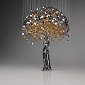 Art Installation Featuring Umbrella Shaped Structure With Hanging Colorful Circular Pieces And Human Figure