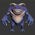 Game Movie Character With Blue Purple Skin Curved Horns Big Yellow Eyes Round Belly And Sharp Claws