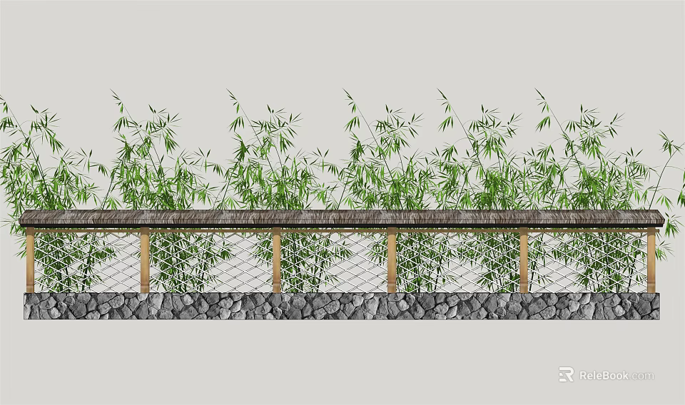 Building Exterior Wall In Natural Style With Green Bamboo Plants Stone Wall And Wooden Railings 3d model 