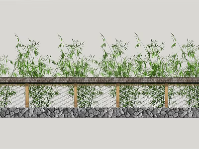 Building Exterior Wall In Natural Style With Green Bamboo Plants Stone Wall And Wooden Railings 3d model