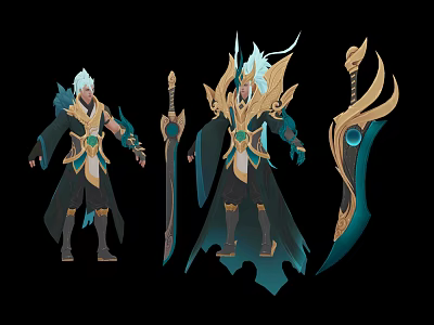 Fantasy Characters With Silver Hair Elaborate Gold Blue Costumes And Mythical Gemstone Weapons 3d model