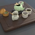 Traditional Tea Set with Green Teapot White Cups Tea Pitcher and Wooden Tray