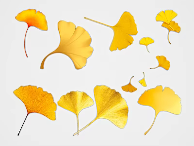 Yellow Ginkgo Leaves With Various Shapes And Scattered Arrangement On White Background 3d model