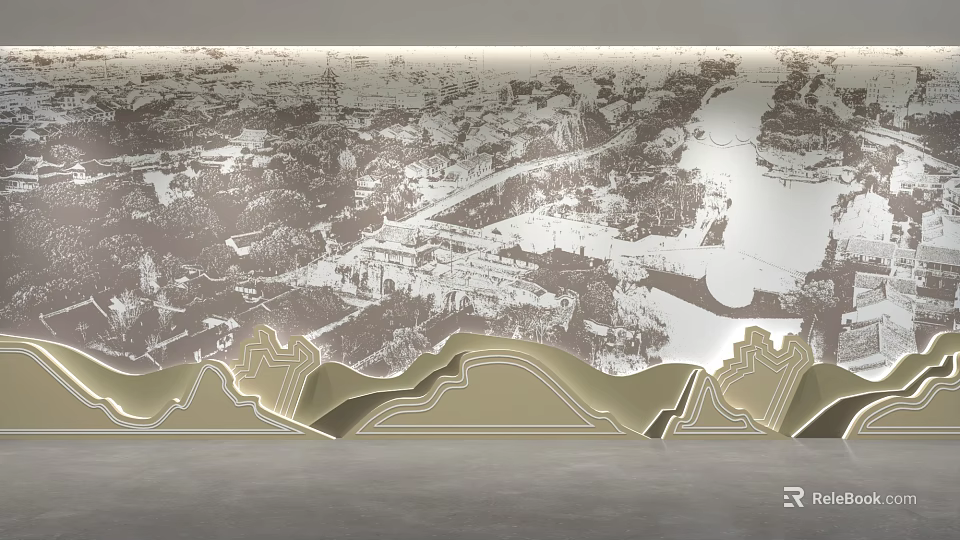 Modern Background Wall With Intricate Cityscape Pattern And Gold Wavy Decor 3d model 