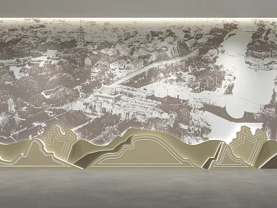 Modern Background Wall With Intricate Cityscape Pattern And Gold Wavy Decor 3d model