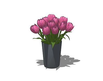 Black Vase With Pink Tulips And Green Leaves For Home Decor 3d model