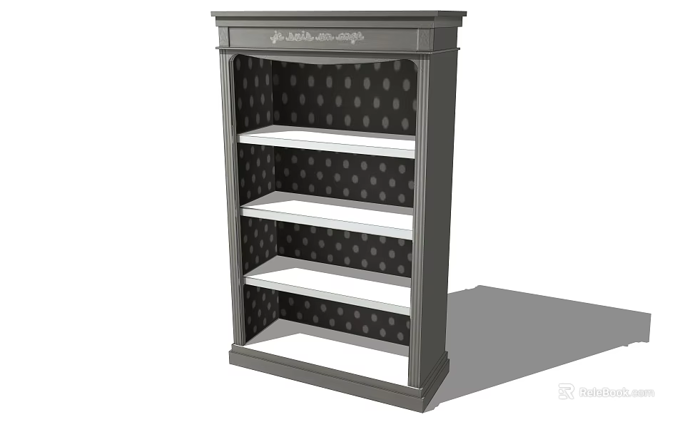 Gray Modern Bookcase With Four Tier White Shelves And Polka Dot Pattern Back Panel 3d model 
