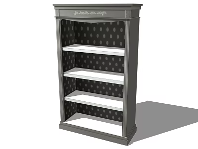 Gray Modern Bookcase With Four Tier White Shelves And Polka Dot Pattern Back Panel 3d model