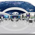 School Tech Classroom with Starry Ceiling Airplane Models Blue Walls and Large Screen 3d model