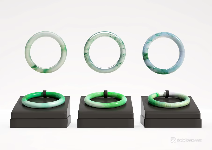Six Elegant Jade Bracelets With Green White Patterns Displayed On Black Stands 3d model 