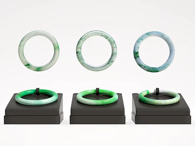 Six Elegant Jade Bracelets With Green White Patterns Displayed On Black Stands 3d model