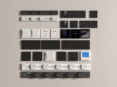 Modern Electrical Switches And Power Outlets In Black White With Digital Display Panels 3d model