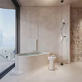 Modern Bathroom Interior With Freestanding Bathtub Large Window Stone Wall And Floor Lamp