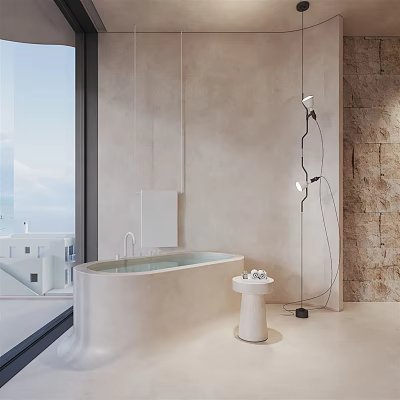Modern Bathroom Interior With Freestanding Bathtub Large Window Stone Wall And Floor Lamp 3d model