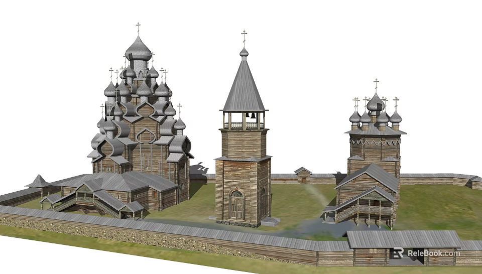 Traditional Russian Wooden Churches With Multiple Domes Crosses Bell Tower And Historical Architecture 3d model 