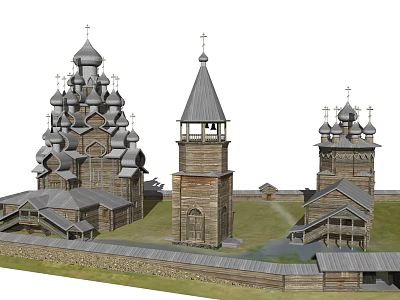 Traditional Russian Wooden Churches With Multiple Domes Crosses Bell Tower And Historical Architecture 3d model
