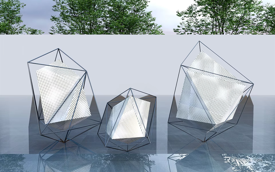 Three Geometric Metal Frame Sculptures With Mesh Design Outdoor Featuring Trees And Reflective Ground 3d model 