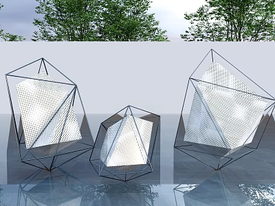 Three Geometric Metal Frame Sculptures With Mesh Design Outdoor Featuring Trees And Reflective Ground 3d model