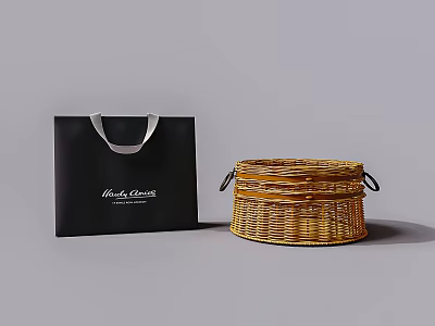 Handwoven Round Wicker Storage Basket With Handles And Black Shopping Bag 3d model