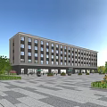 Modern Multi Storey Office Building Exterior With Glass Windows Plaza Greenery Trees And Birds