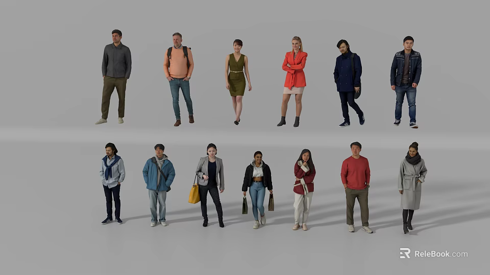 Diverse Group of People Standing in Various Poses With Different Clothing And Postures 3d model 