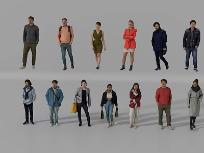 Diverse Group of People Standing in Various Poses With Different Clothing And Postures 3d model