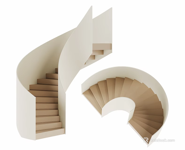 Modern Spiral Staircase Design With Light Colored Railing And Wooden Steps 3d model 