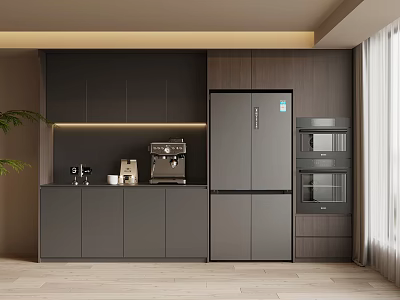 Modern Gray Wine Cabinet In Kitchen With Cabinets Coffee Machine Microwave And Appliances 3d model