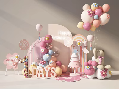 1st Days Celebration Decor With Pink Balloons Lollipop Ducklings Happy Sign And Rainbow 3d model