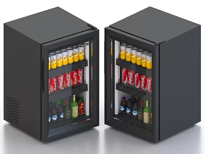 Two Black Compact Glass Door Mini Fridges With Assorted Beverages Inside 3d model